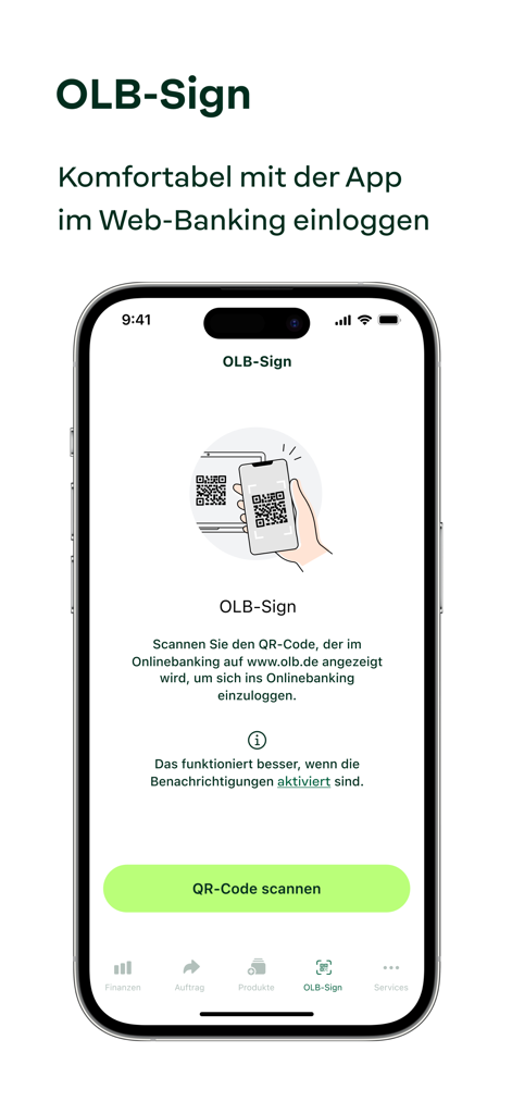 OLB banking app showing the OLB-Sign feature for secure web banking login using a QR code scanner