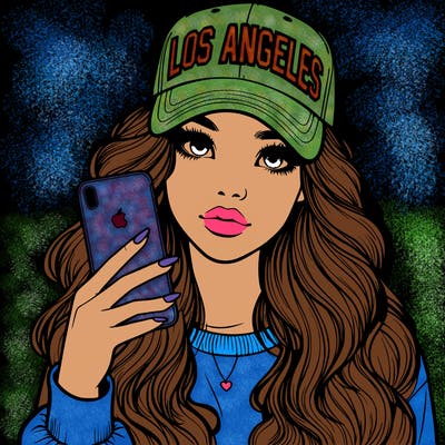 realistic beautiful girl wearing los ángeles cap holding an iphone