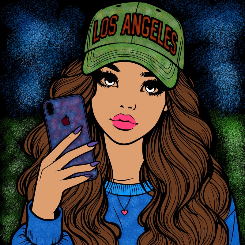 realistic beautiful girl wearing los ángeles cap holding an iphone