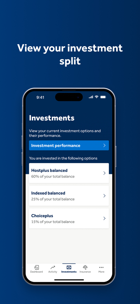 Interface do aplicativo Hostplus mostrando a divisão do investimento entre várias opções de superannuation
