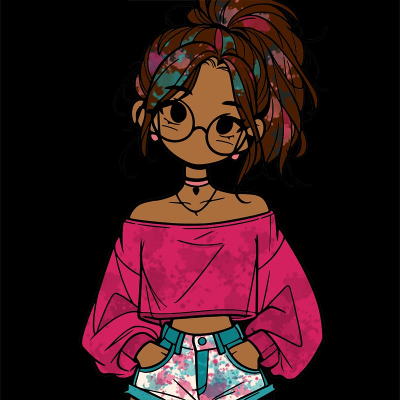 girl with a messy ponytail glasses a baggy crop top and jean shorts