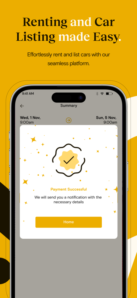 GTi Rides app interface displaying a successful payment confirmation for a car rental booking.