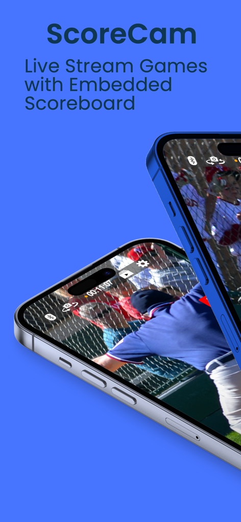 Interfaccia dell'app ScoreCam che mostra lo streaming sportivo live con un tabellone incorporato su due iPhone