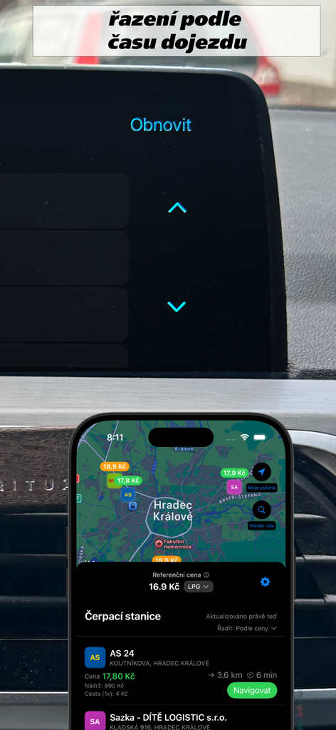Benzínky - tankování v okolí - Interface of the Benzinky app showing gas station prices on a map and a list sorted by estimated time of arrival next to a car dashboard.