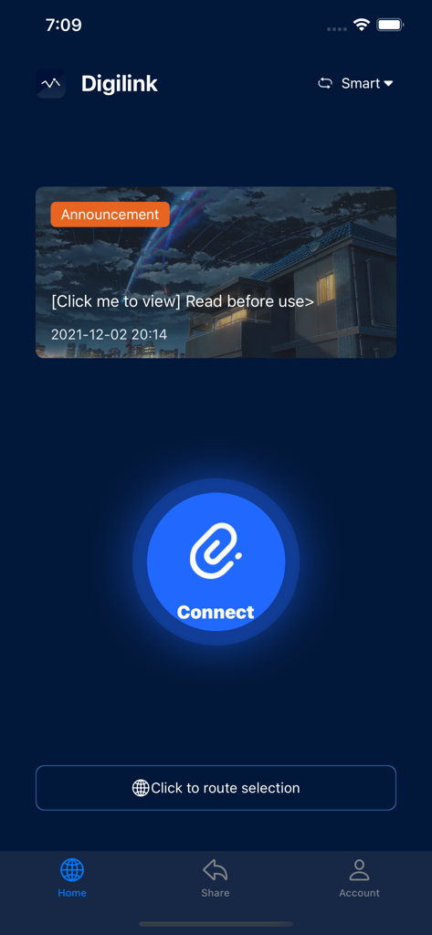 Digilink-Protect your privacy - Digilink app home screen displaying the main connect button and navigation menu