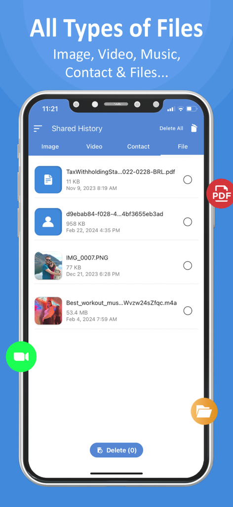ShareKaro: File Share & Manage - ShareKaro app interface showing a list of shared files including documents and media.