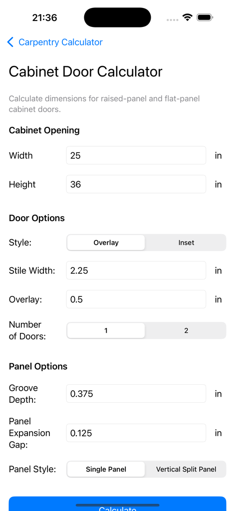 Carpentry & Trim Calculator - Cabinet door calculator with inputs for dimensions and panel style options.