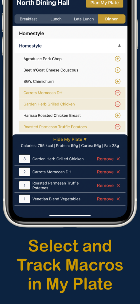 DineND - DineND app screen showing a dining hall menu and a nutrition summary for a selected meal plate.