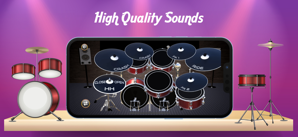 Real Drum Beat Master - Interface de l'application Real Drum Beat Master présentant un kit de batterie virtuel réaliste sur un écran de smartphone.