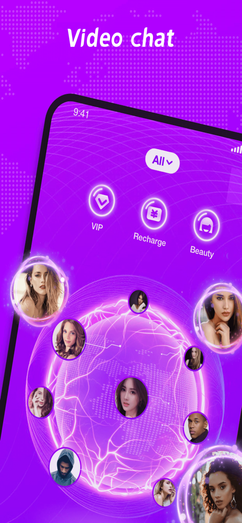 ChatU Live - Oberfläche der ChatU Live mobilen App, die globale Video-Chat-Benutzerprofile und Feature-Icons zeigt