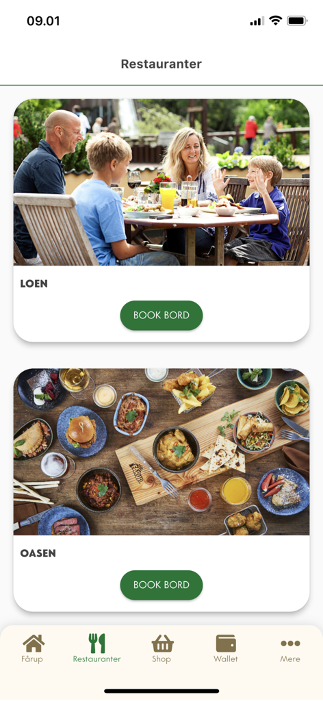 Fårup Sommerland - Farup Sommerland app restaurant booking screen showing family dining options.