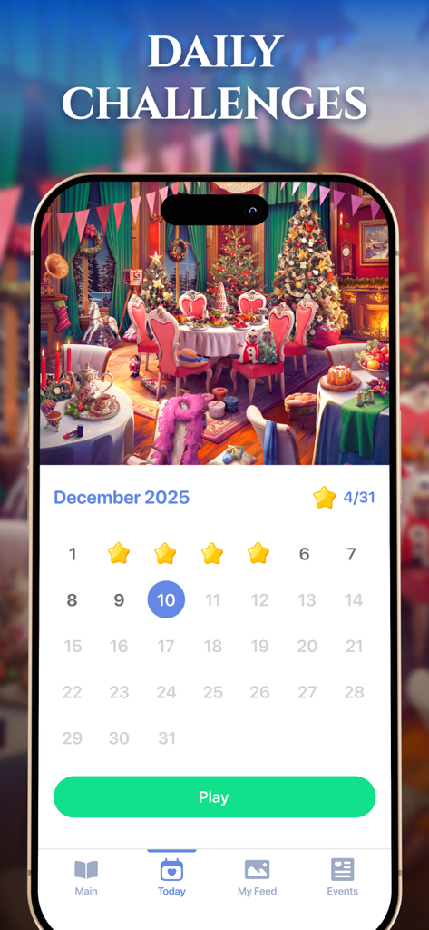 Bright Objects・Find the Hidden - Una pantalla móvil que muestra el calendario de desafíos diarios del juego de objetos ocultos Bright Objects con una ilustración de una habitación festiva
