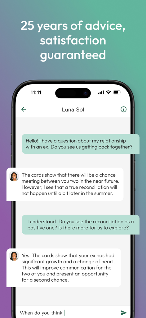 Keen Psychic Reading & Tarot - A mobile chat interface showing a relationship advice session with a Keen psychic advisor