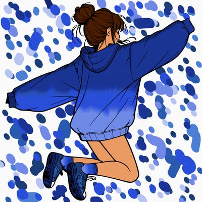 realistic girl jumping with a bun and oversized sweatshirt