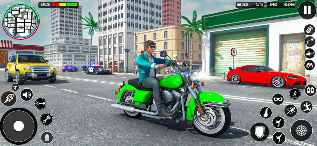 Xtreme Motorbikes Driving Game - A character riding a green motorbike through an open world city street in Xtreme Motorbikes Driving Game.