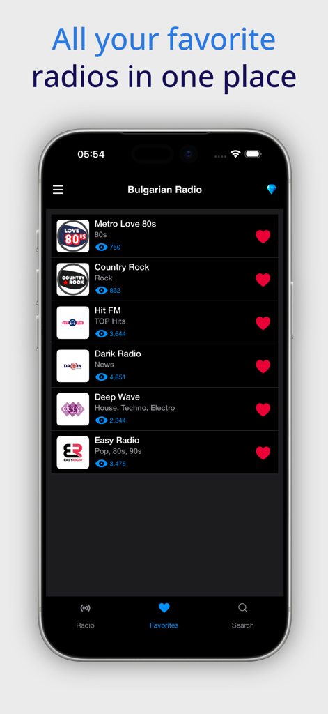 Smartphone, das den Favoritenbildschirm der Bulgarisches Radio Online App mit verschiedenen Radiosenderoptionen anzeigt.