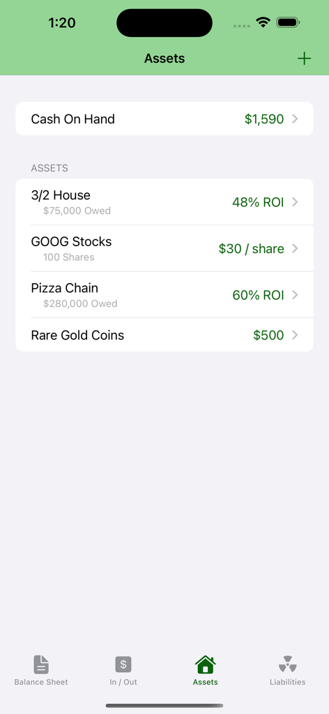 Cashflow Balance Sheet - Mobile app screen showing financial assets including cash stocks and real estate investments with ROI