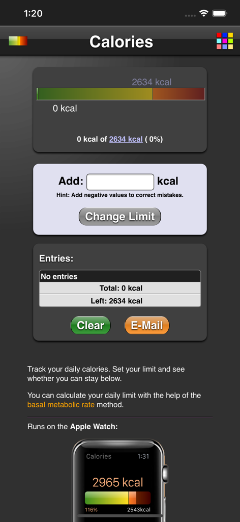 Calories - Interfaccia dell'app Calorie che mostra il progresso del tracciamento delle calorie e l'integrazione con Apple Watch