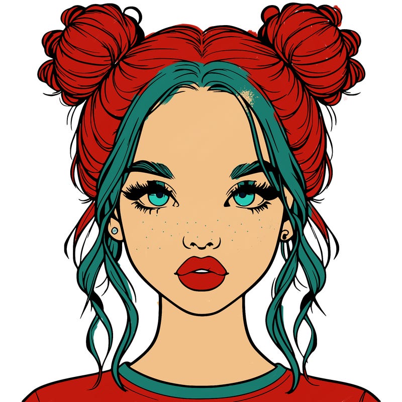 realistic girl with two buns in hair and lips