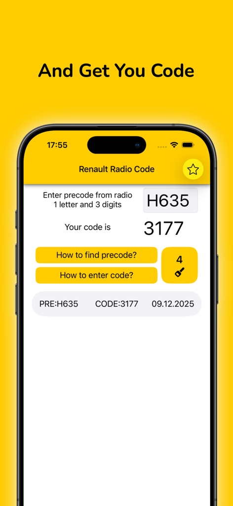 Radio Code for Renault Stereo - Screenshot of the Renault Radio Code app showing a precode entry and the resulting four digit radio code