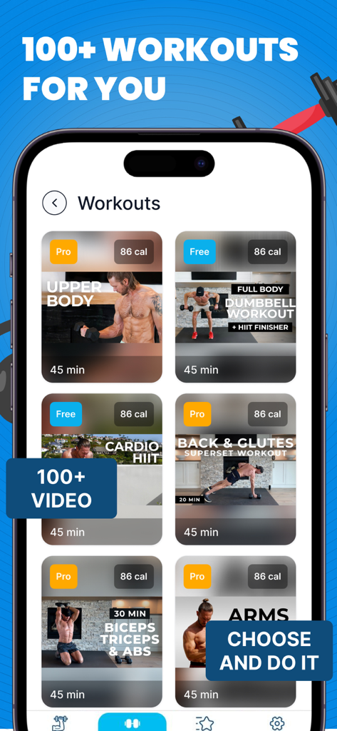 Home workout - muscle builder - Mobile app interface displaying a library of over 100 muscle building and fitness video workouts.