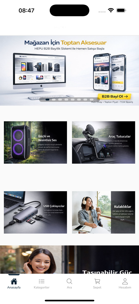 Hepu - Page d'accueil de l'application d'achat Hepu présentant des accessoires technologiques en gros et des catégories pour les supports de voiture et les écouteurs.