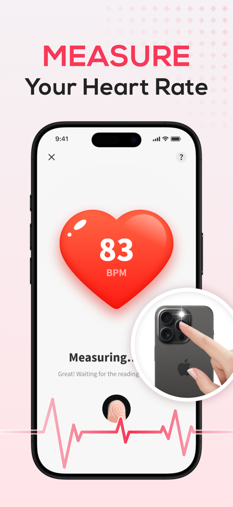 iPhone screen displaying heart rate measurement of 83 BPM with camera finger placement guide