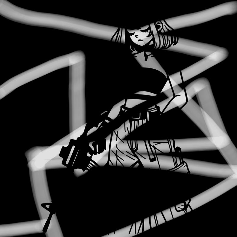 a dangerous girlcrop top and baggy jeans with a rifle in her hand