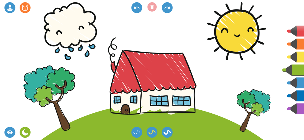 Drawing for Kids. Painting Pad - 子供向けお絵かきペイントアプリで描かれた、家、太陽、木々のデジタルイラスト
