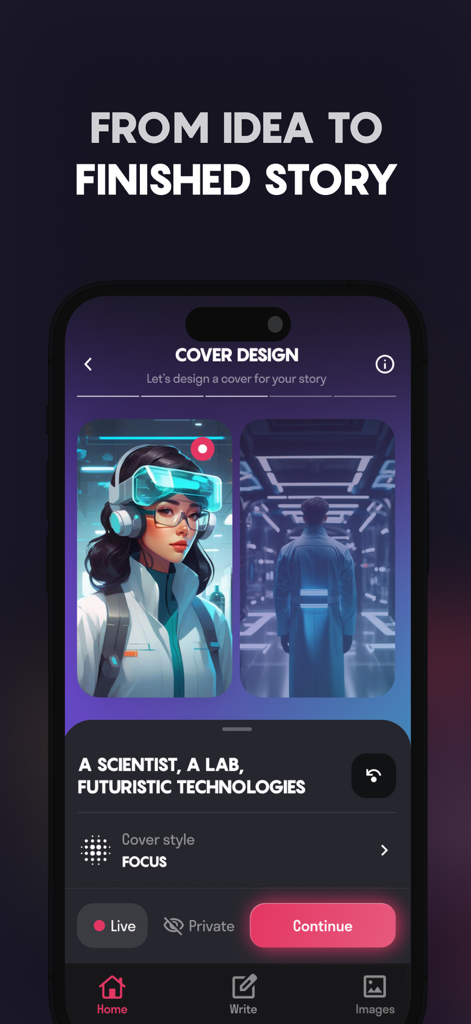 Dreampress AI: Story Generator - Interface de l'application Dreampress AI montrant deux options de conception de couverture futuristes pour une histoire personnalisée
