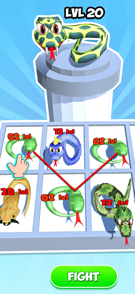 Una captura de pantalla del tablero de fusión de serpientes que muestra diferentes serpientes de nivel listas para la batalla