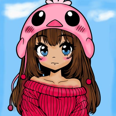 anime girl with chick shaped hat with sweater with bare shoulders with bangs covering them one eye with low tail
