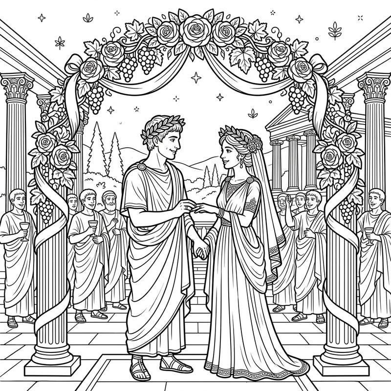 Step back in time to an opulent Roman patrician wedding with this detailed coloring page. Capture the grandeur of ancient celebrations, from elegant attire to classical architecture, as you bring this historical moment to life.