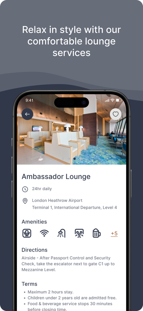 Investec InTransit - Details of the Ambassador Lounge at London Heathrow Airport in the Investec InTransit mobile app