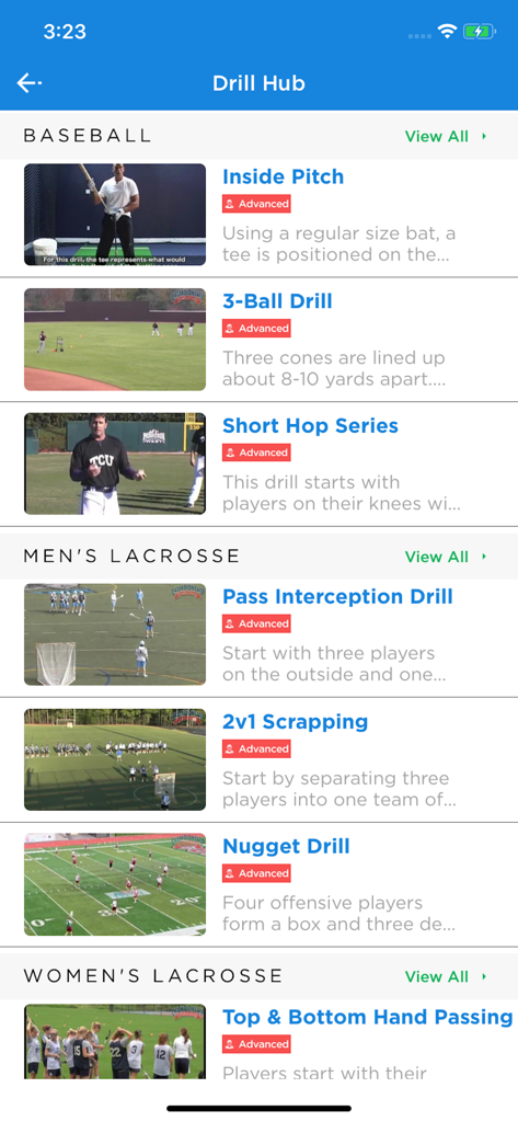 Drill Hub menu in the iPB Volleyball app showing baseball and lacrosse coaching videos.