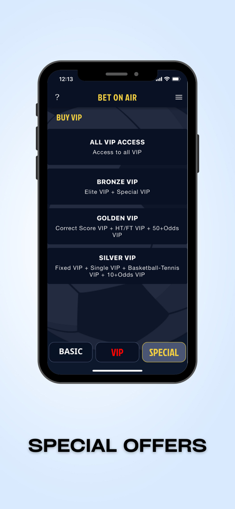 Bet On Air - Bet On Air 모바일 앱 화면으로 브론즈, 골드, 실버 등급을 포함한 다양한 VIP 멤버십 옵션을 보여줍니다.