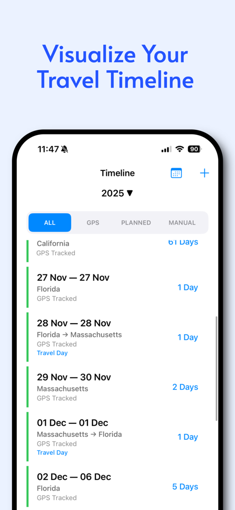 iReside - Residency Tracker - A mobile app screen showing a chronological travel timeline with GPS-tracked residency days in different states.