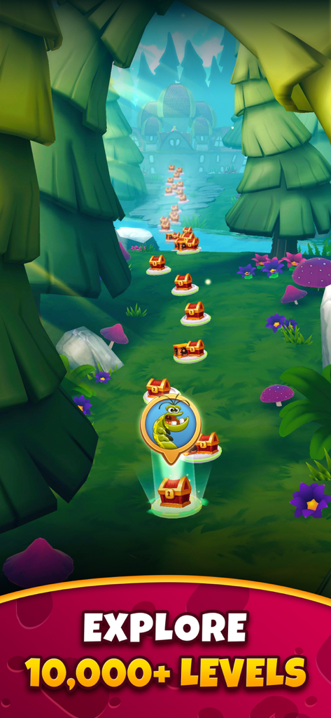 A winding forest path with treasure chests in Best Fiends showing 10,000 plus levels