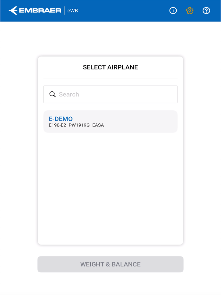 eWB Embraer - Ein Screenshot der eWB Embraer App-Oberfläche, der den Bildschirm zur Flugzeugauswahl mit einer Suchleiste und einer Liste von Demoflugzeugen zeigt