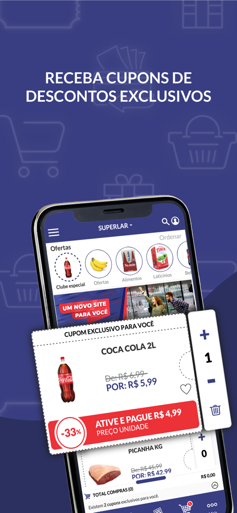 Superlar Supermercados - Superlar Supermercados mobile app interface displaying exclusive discount coupons and grocery offers
