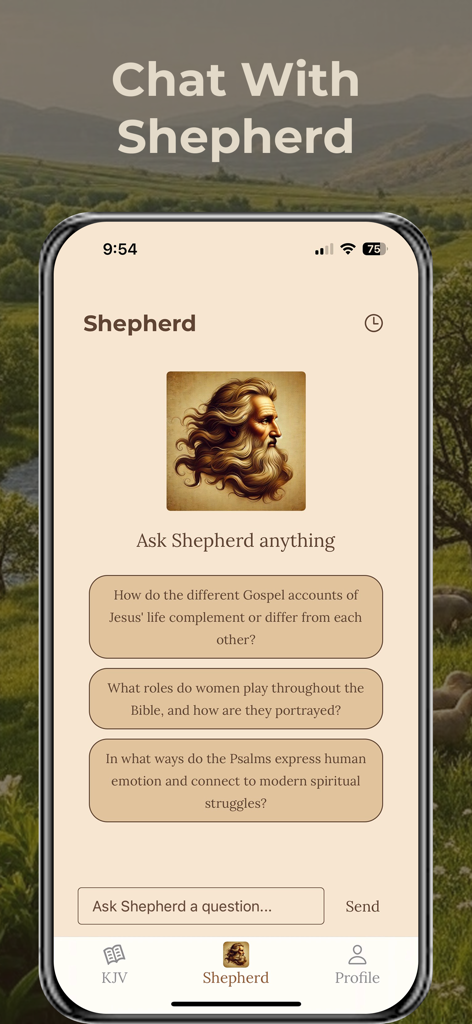 Shepherd Bible App - Interfaz de la App Bíblica Shepherd que muestra el asistente de chat IA Ask Shepherd con preguntas de estudio teológico de ejemplo.