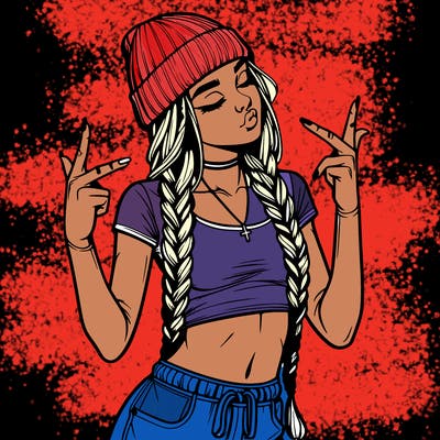 realistic teenage girl with braids and a beanie and crop top doing 🫶🏼