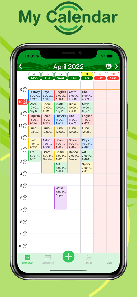 Weekly class schedule with color coded blocks and room numbers on a mobile phone.