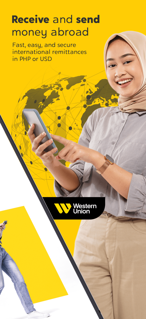 Western UnionとU Mobileアプリで国際送金のために携帯電話を使用している女性。
