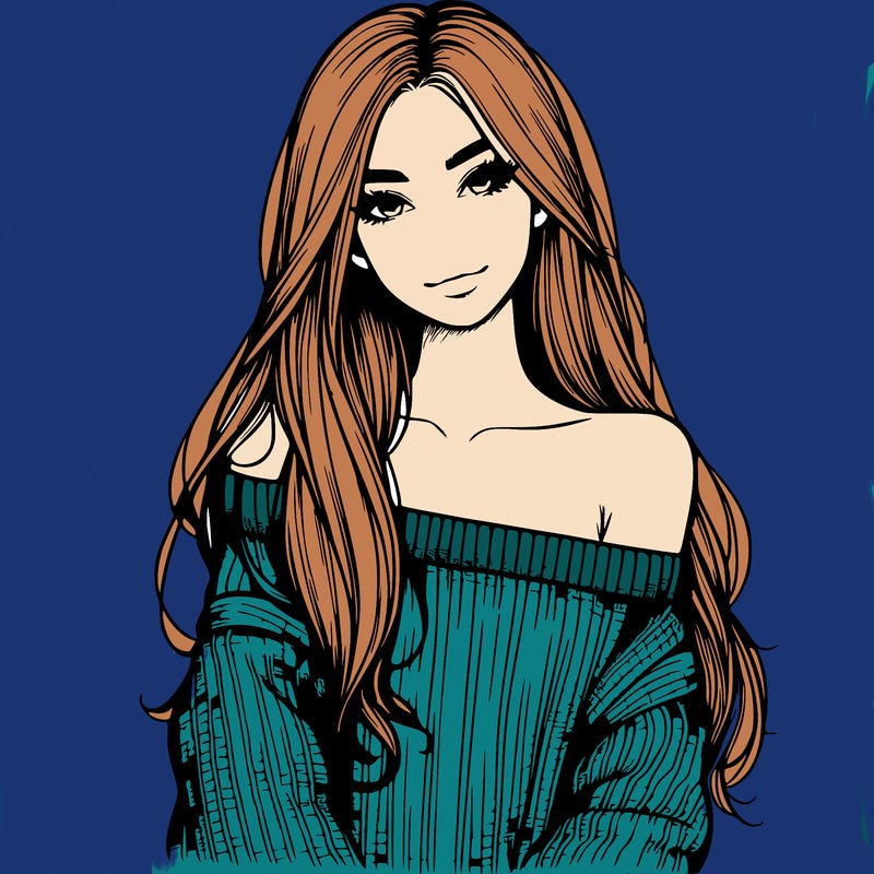 realistic girl with long hair wearing an off the shoulder sweater