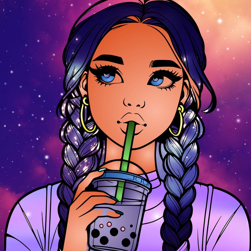 realistic girl with braided hair drinking boba