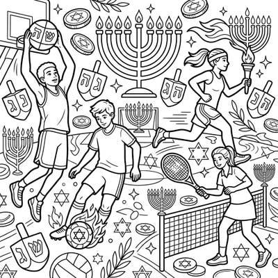 Get into the festive spirit with this unique coloring page combining the excitement of youth sports with the joy of Hanukkah. Featuring athletes engaged in basketball, soccer, running, and tennis, surrounded by traditional holiday symbols.