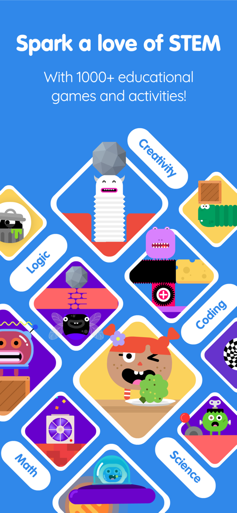 A colorful collage of educational STEM games featuring logic coding and math activities for children