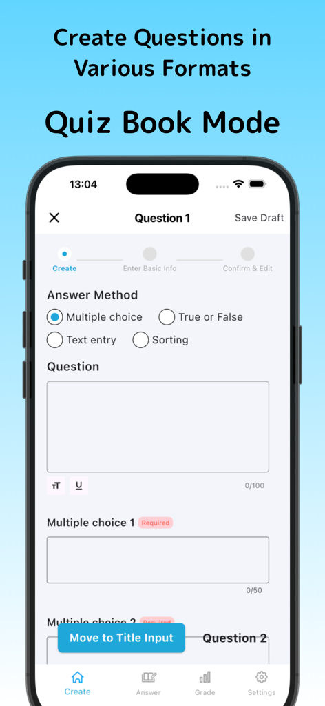 Interface for creating quizzes in Q Share showing options for multiple choice true or false text entry and sorting