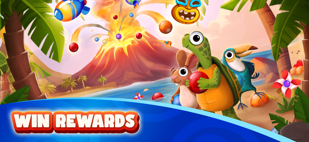 Woka the turtle and animal friends on a tropical beach with an erupting volcano and rewards banner